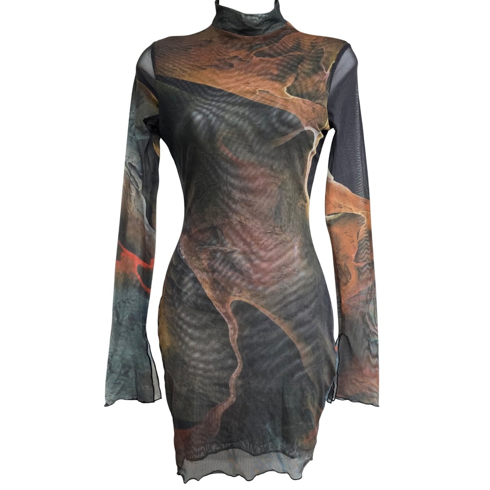 Windsor Mesh Abstract Marble Print Sheer Mini Dress Small Whimsigoth Fairy Y2K